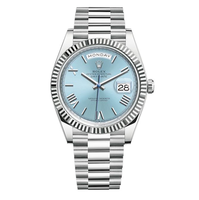 Rolex Day-Rolex Date 40 Platinum Ice Blue Index Dial Roman Numbers Swiss Made- Code: SW062