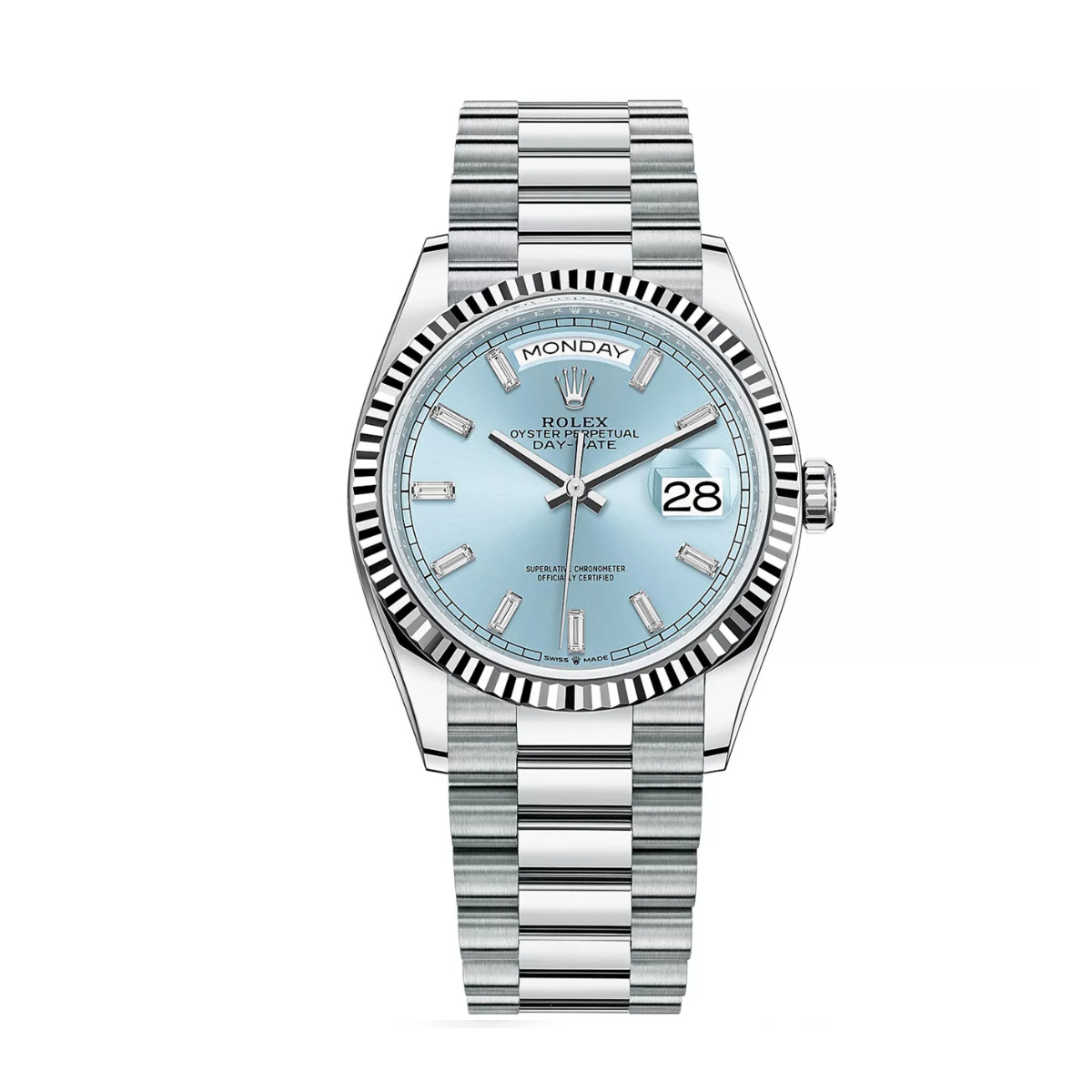 Rolex Day-Rolex Date 36 President Platinum Ice Blue Roman Dial & Fluted Bezel 128236